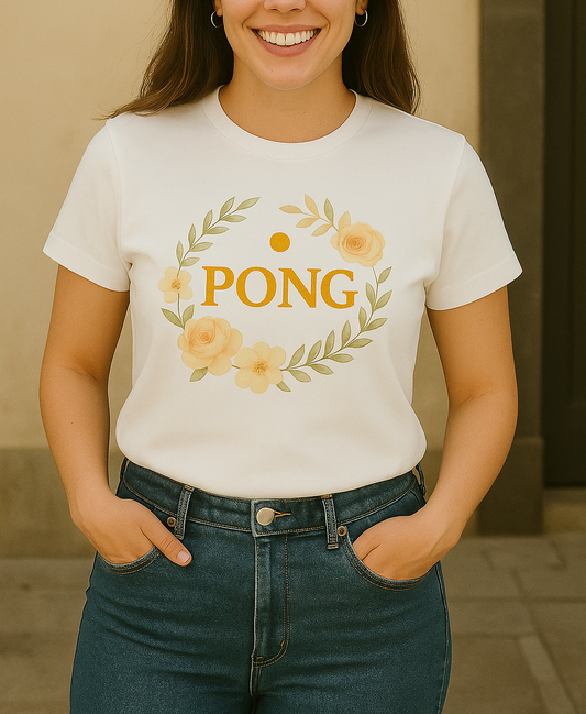 T-Shirt Feminina PONGPONTO com Detalhes Florais e Letra Dourada