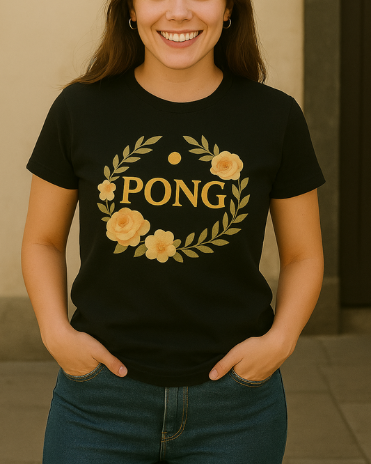 T-Shirt Feminina PONGPONTO com Detalhes Florais e Letra Dourada